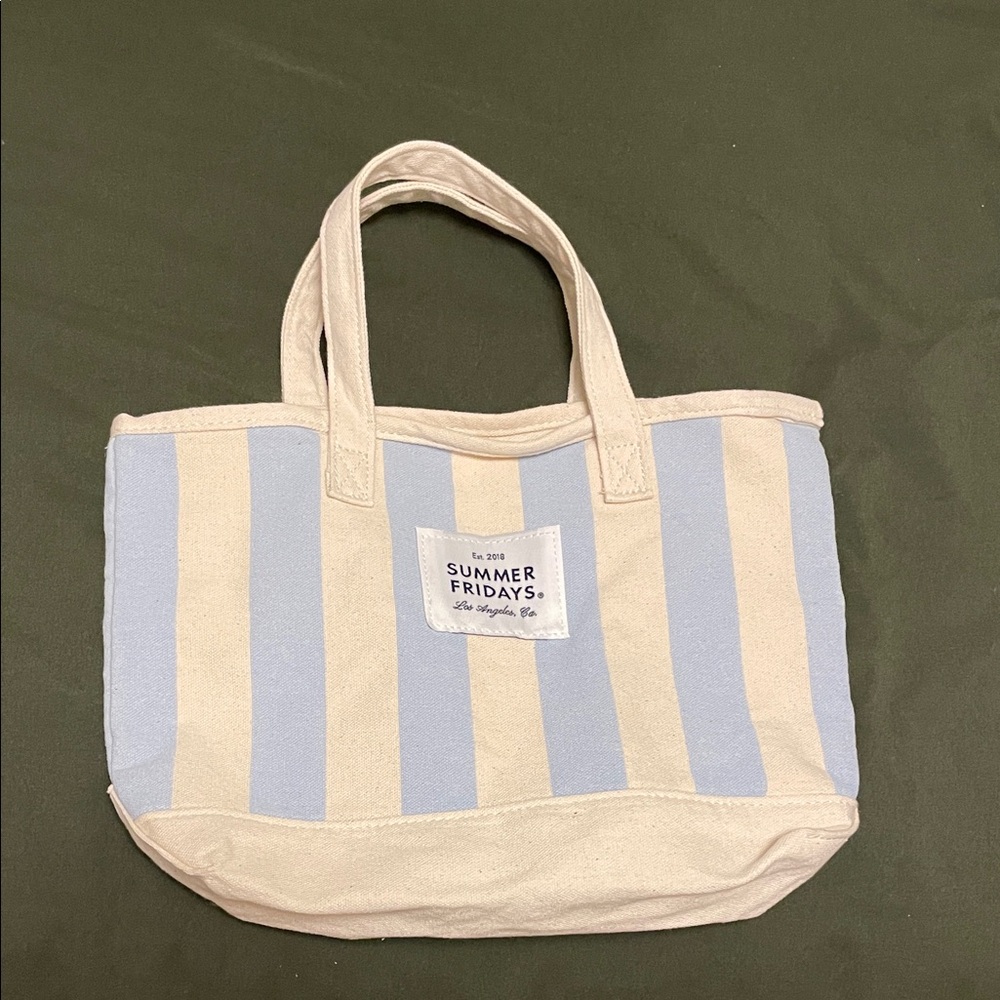 Summer Fridays Striped Tote in Blue and Cream